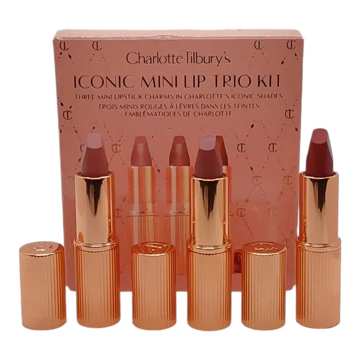 مجموعه رژ لب جامد شارلوت تیلبری مدل iconic mini lip trio با ویتامین E، وگان، شامل رنگهای سوپر مدل، پیلو تالک و واک آو نو شیم بسته 3 عددی هر کدام حجم 1.5 گرم